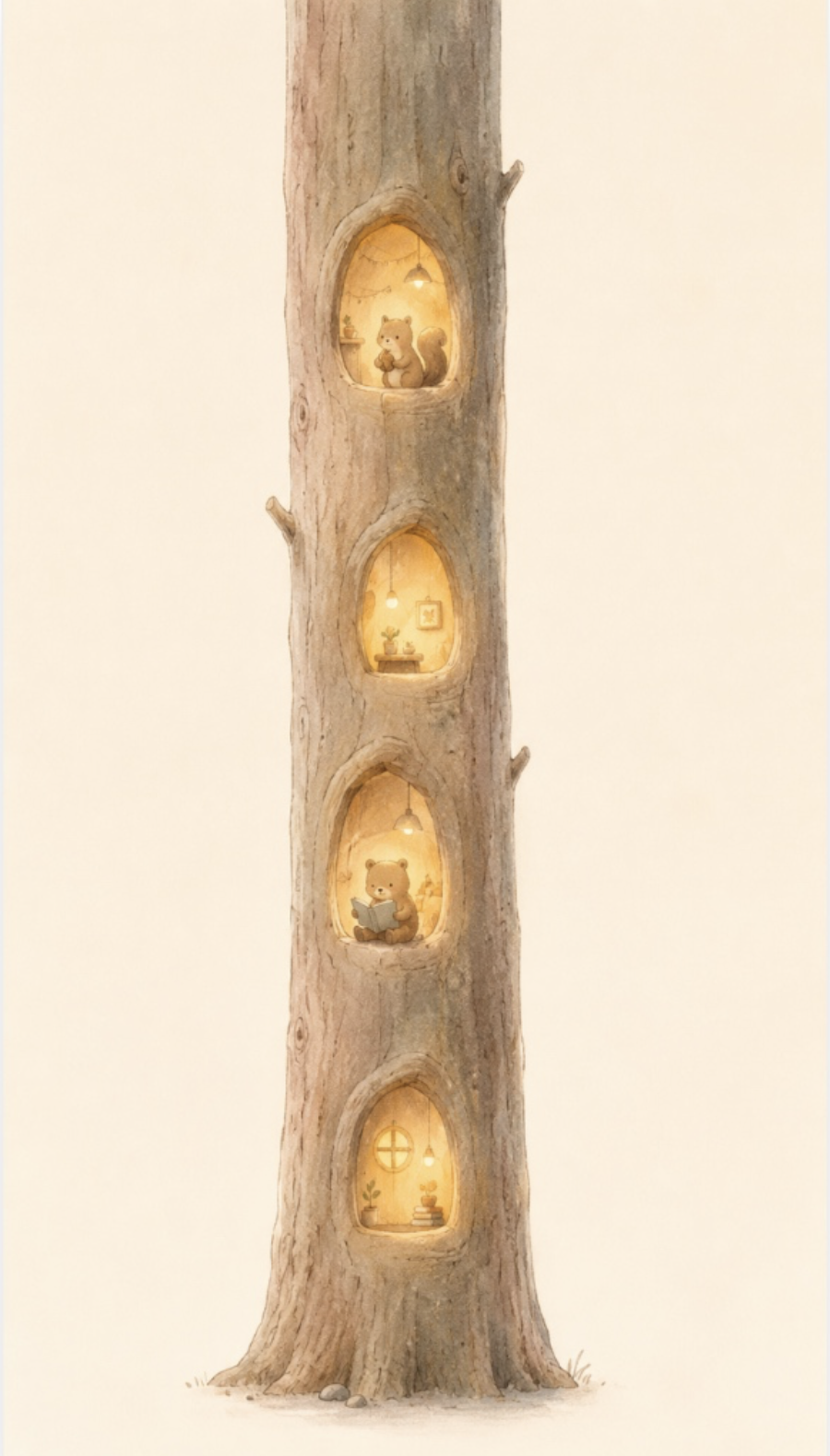 Illustrated pine tree study lobby with four glowing tree holes